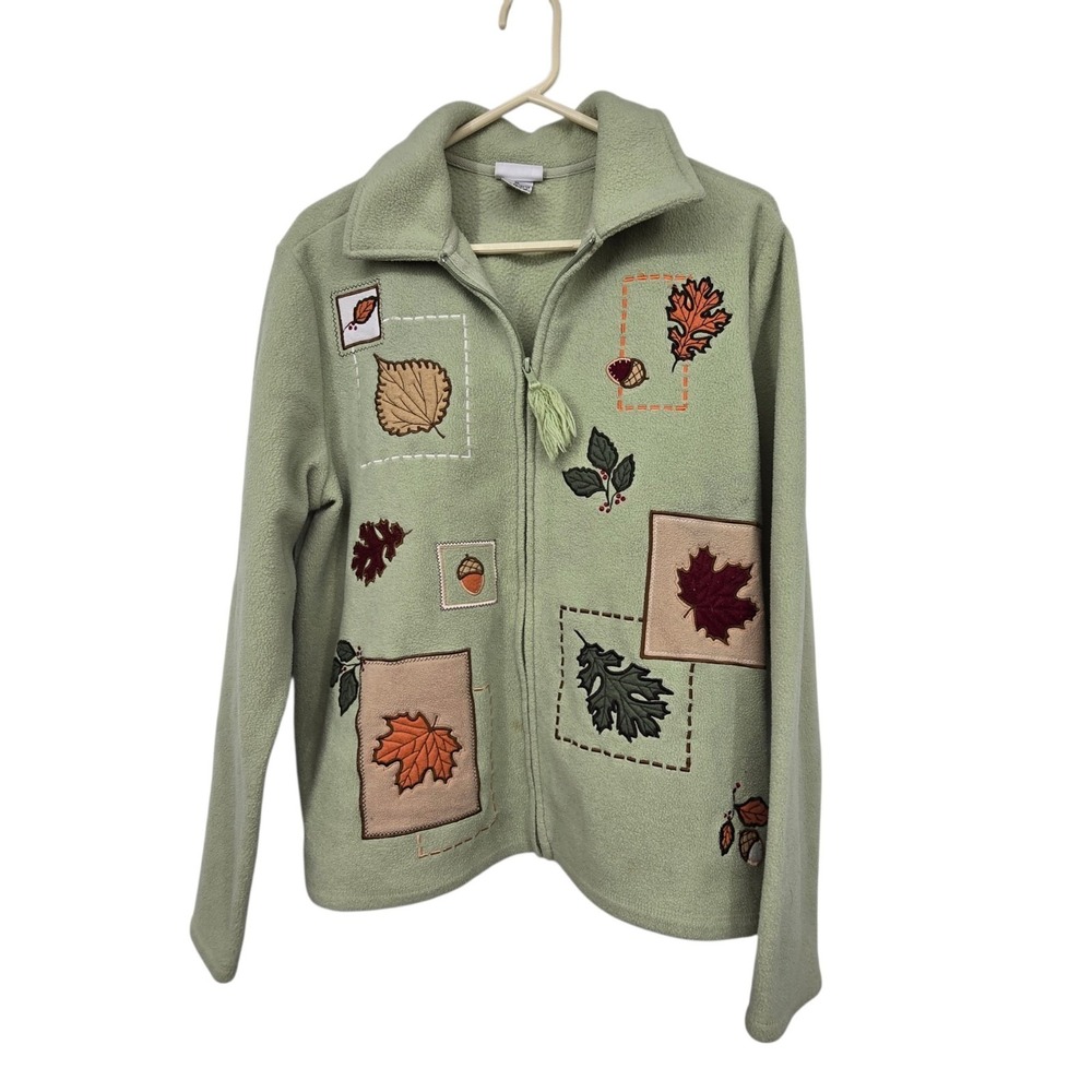 Vintage 90s Y2K Full Zip Embroidered Fleece Jacket Women XL Green Fall Leaves